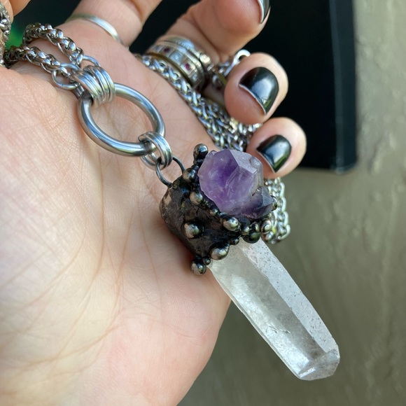 Natural raw purple amethyst &  crystal quartz gemstone boho charm necklace - Picture 10 of 16